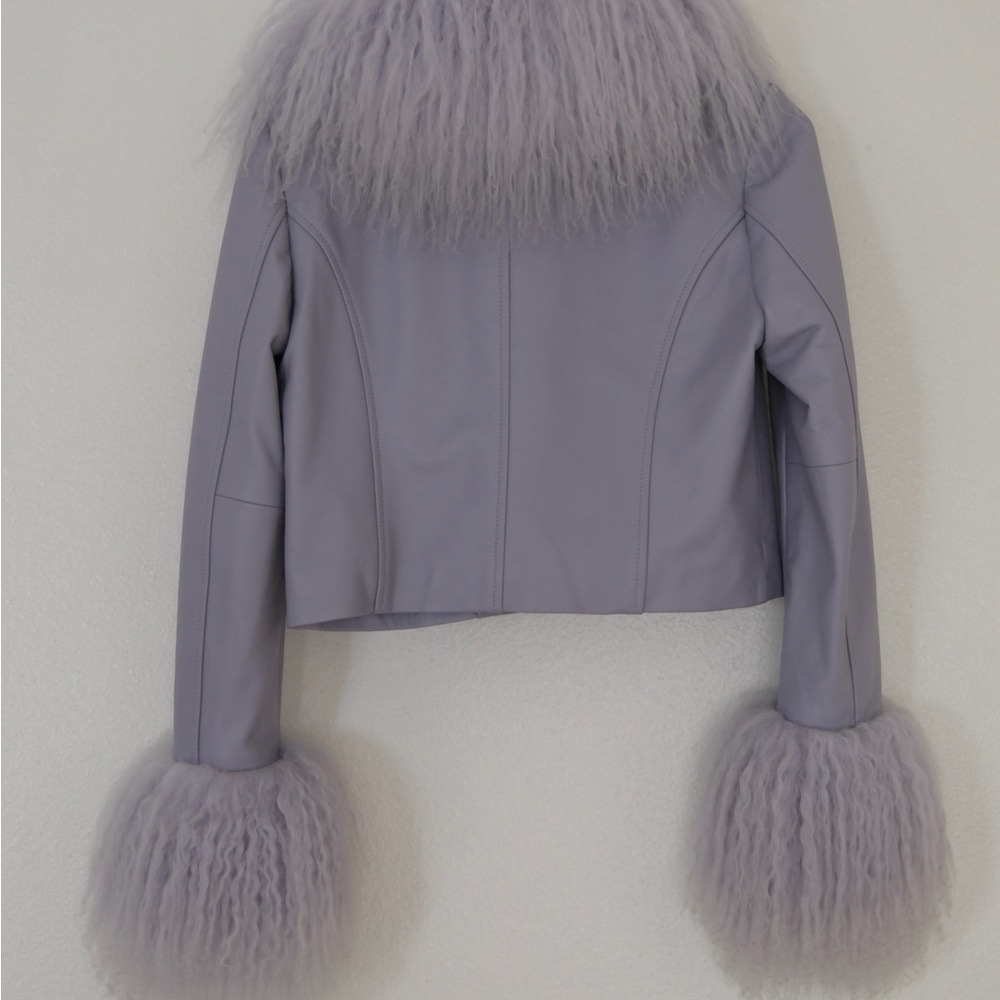 Women's Lavender Leather and Fur Jacket - Picture 2 of 4
